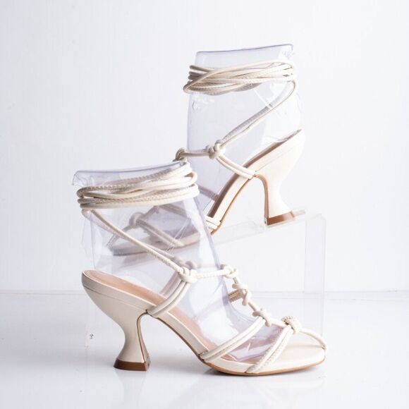Anthropologie Shoes - Anthropologie Womens Cream Caged Sandals Heels Lace tie Sz 5 EU 35 Leather New